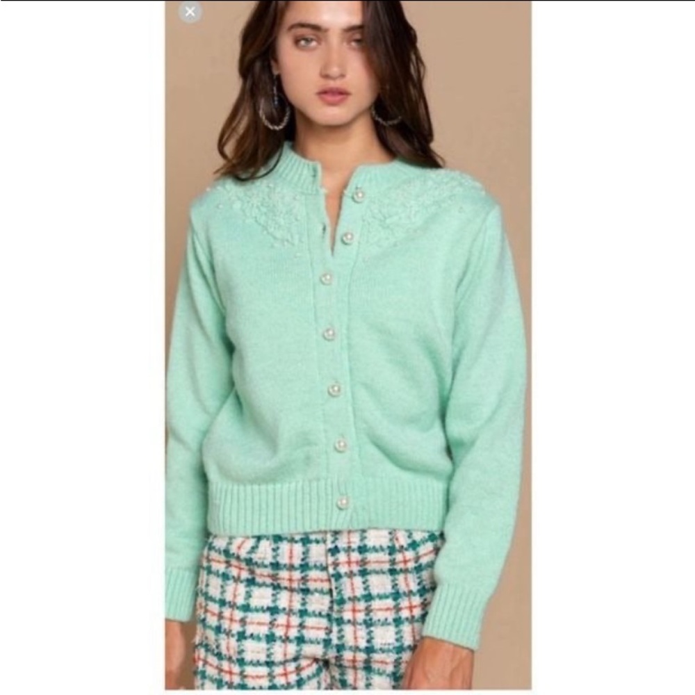 POL sweater POL cardigan MINT color womens small NEW LUX boho chic faux pearls